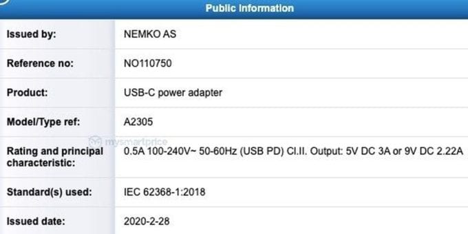 A2305 20W Adapter NEMKO